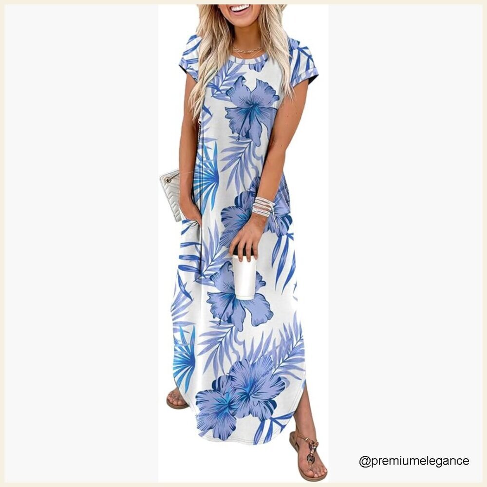Maxi Dress with Pockets, Cap Sleeve Crewneck, Summer Casual Beach Vacation